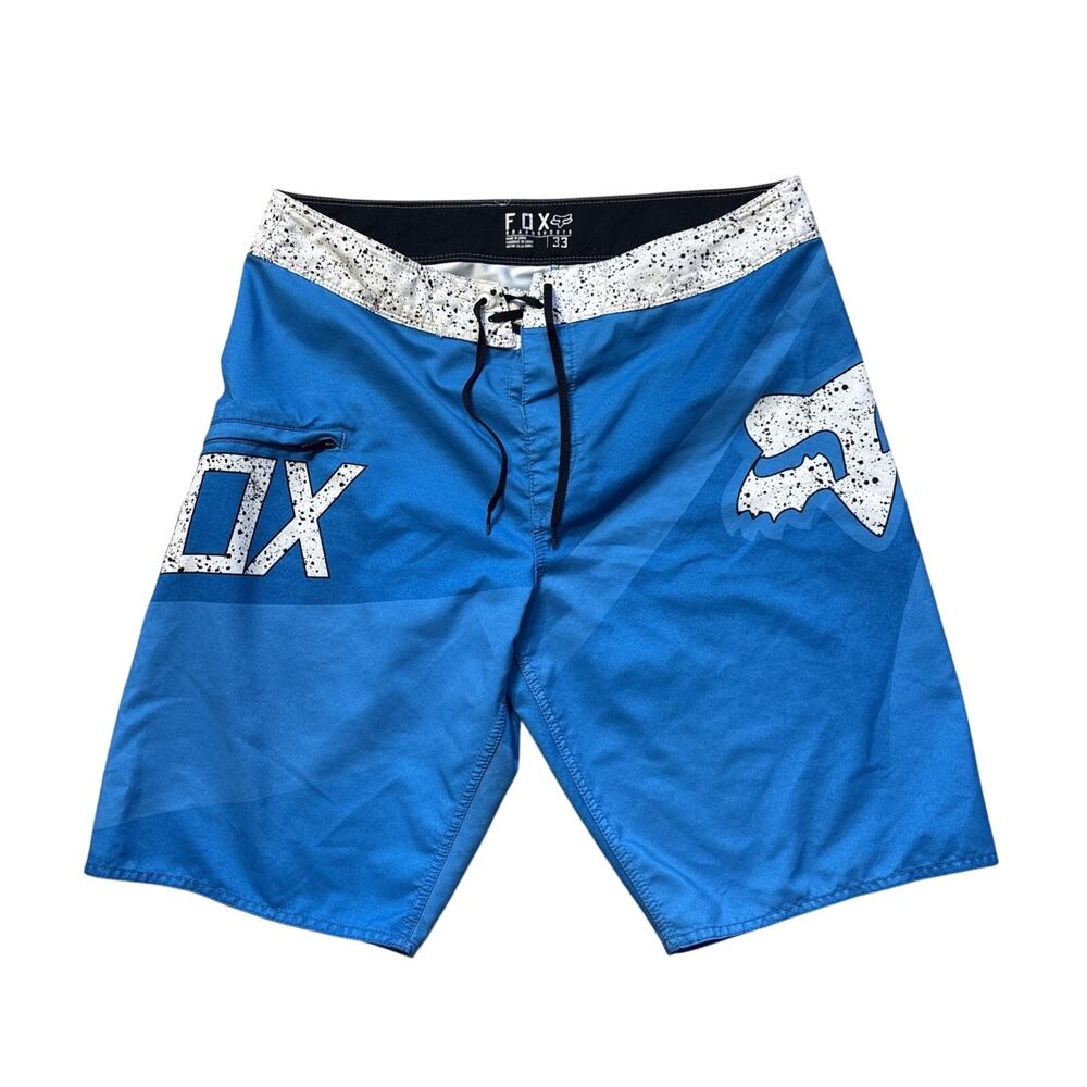 Fox Racing Overhead Boardshorts Mens Size 33 Blue White Splash Logo Swim Trunks